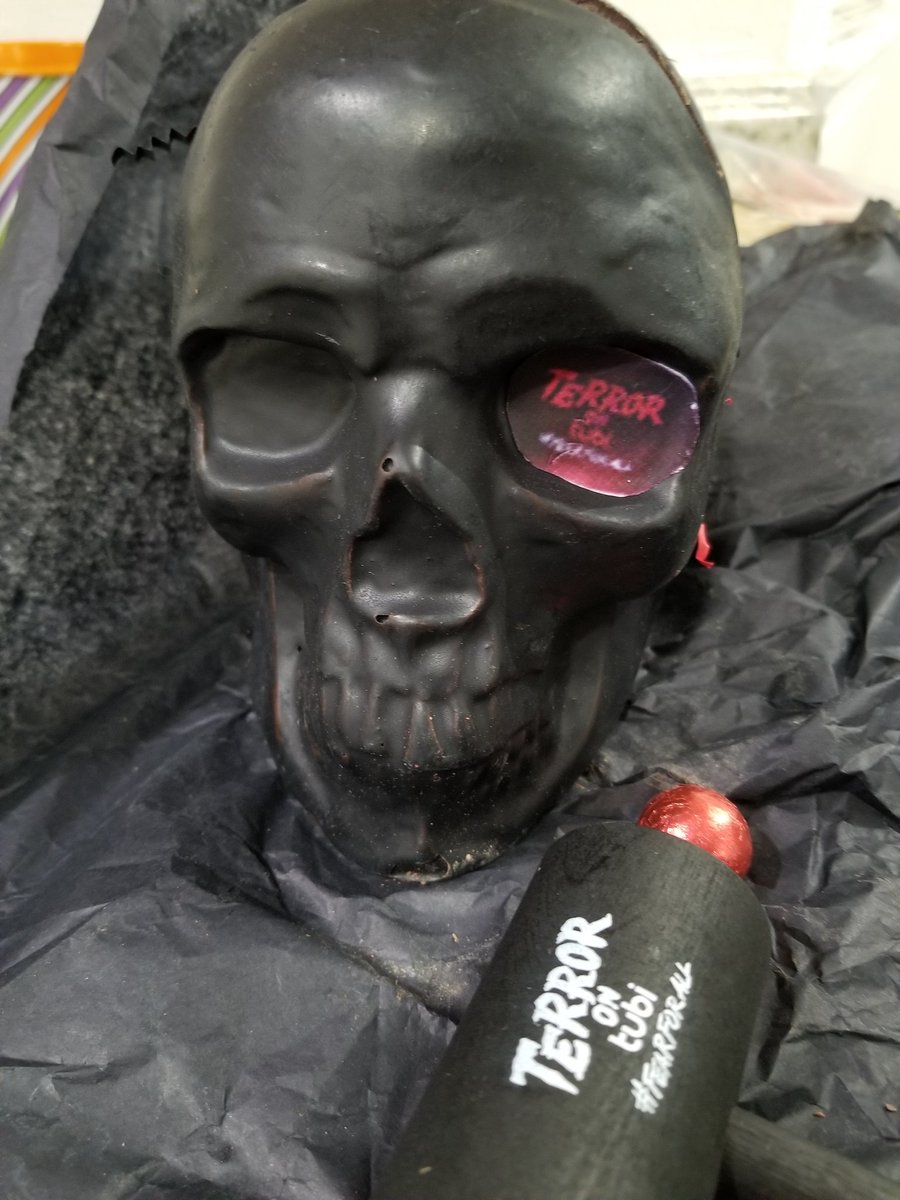 HauntedMeg's tweet photo. It's storming out, and a large skull with mallet was just delivered. Cracked it open to find glorious red innards. Yummmm. Thanks for the spooky Halloween treat @Tubi! #FearforAll #TerroronTubi https://t.co/4y09387zkU