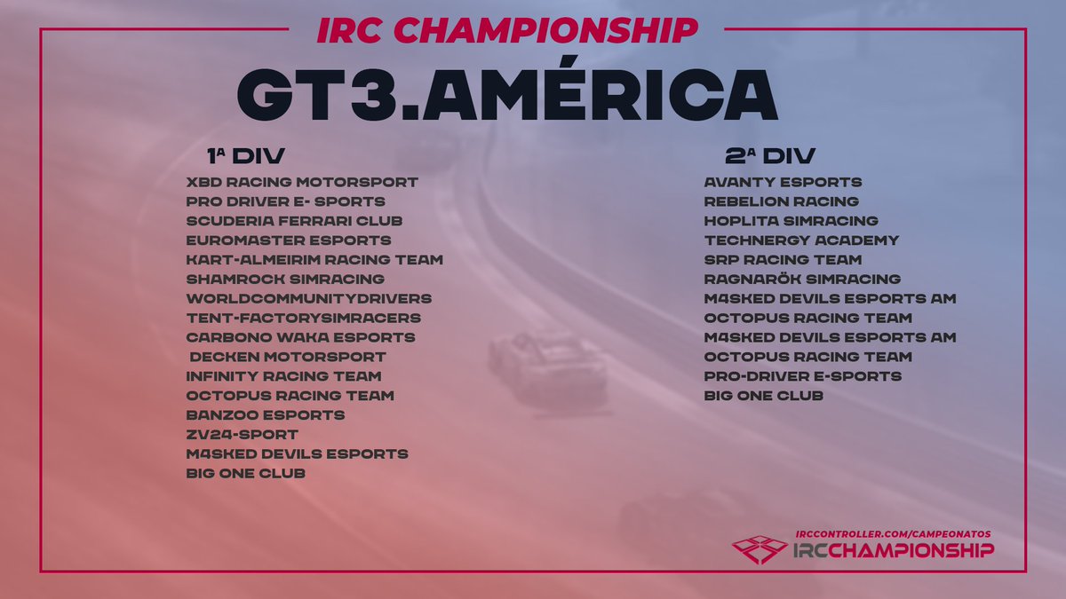 #AmericanTourGT3

Aquí tenemos la lista de equipos para el nuevo campeonato por equipos tras la preQ.

👀¿Te enteraste tarde y no pudiste hacer la preQ? 

📨Aún hay plazas disponibles, cualquier consulta MD