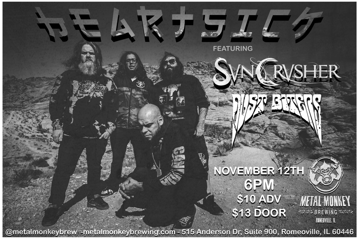 **SHOW ANNOUNCEMENT**
Nov. 12th we share the stage with our dear friends <a href="/heartsickband/">Heartsick</a> &amp; <a href="/Suncrusherband/">Suncrusher</a> at <a href="/MetalMonkeyBrew/">Metal Monkey Brewing</a>!

Tickets are $10 in adv and $13 atd -> metalmonkeybrewing.com/live-shop/p/du…

Let's fucking party!
