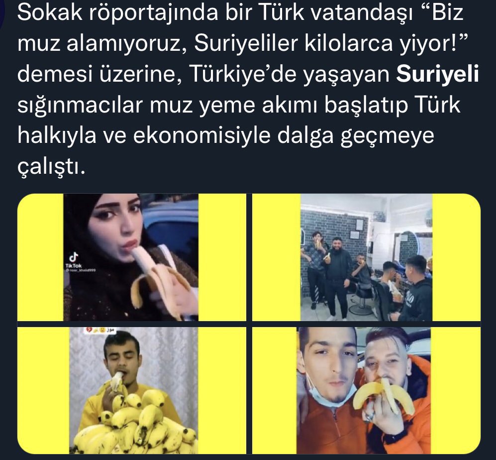 Muz yeme içerikli videolar paylaşarak milletimizle provakatif alay eden Suriye uyruklu 7 şahsı devletimiz yakalayıp önce o muzları müsait yerlerine iteleyip sonra sınır dışı ediyormuş...👏👏

#ŞebnemŞirin
#SeninleSandıktaGörüşeceğiz