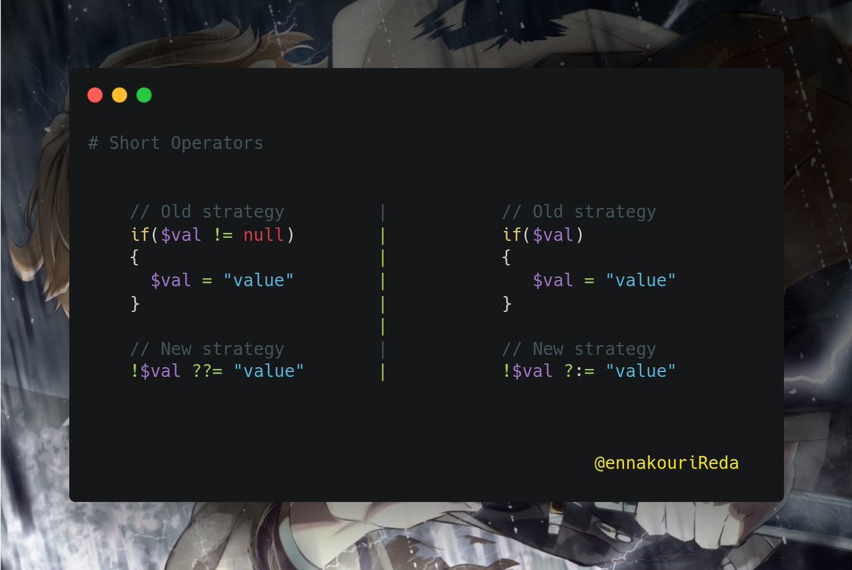 ennakouriReda's tweet photo. Short Operators 
#PHP has many great operators that can replace ugly if checks, for example :

#Laravel #PHP #VueJS  #javascript #javascriptdeveloper #DevelopedHere https://t.co/Rfmk2S0pjW