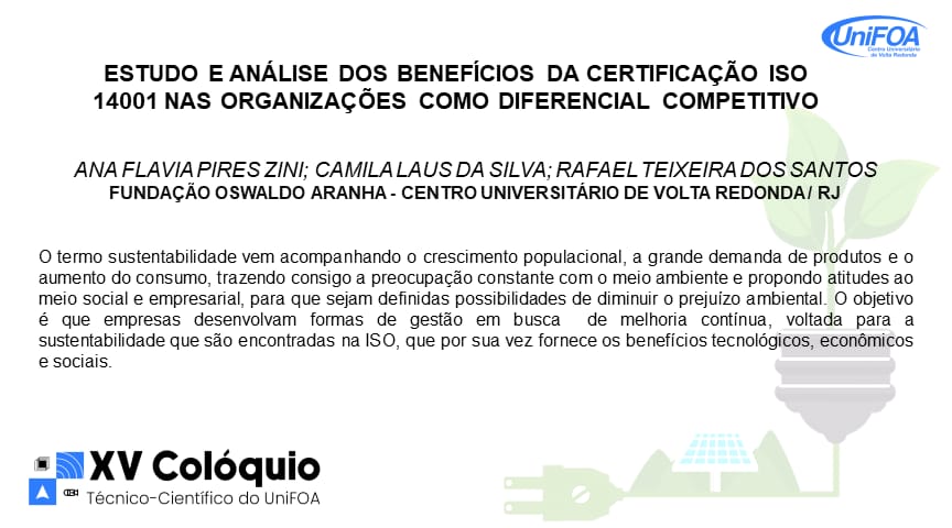 CamilaLaus's tweet photo. Vejam nosso artigo no @coloquioUnifoa sobre os benefícios do comprometimento ambiental das organizações, por meio de certificações na ISO 14001, como um diferencial competitivo.
#xvcoloquiounifoa. https://t.co/Ddd1Dkwy3k