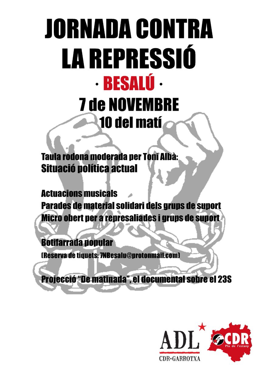 ATENCIÓ!

Arriba a la #Garrotxa el 1r gran acte antirepre.

Comptem amb tots vosaltres per participar i ajudar a omplir les caixes de resistència! 
Hi haura música, debats, parlaments, menjar i beguda 😋🤞