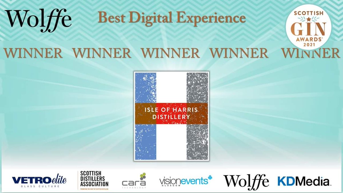 ScotGinAwards's tweet photo. The WINNER of Best Digital Experience sponsored by @WolffeDesign is Isle of Harris Distillery @harrisdistiller #scottishginawards #scottishgin https://t.co/k1W9jMrMbL