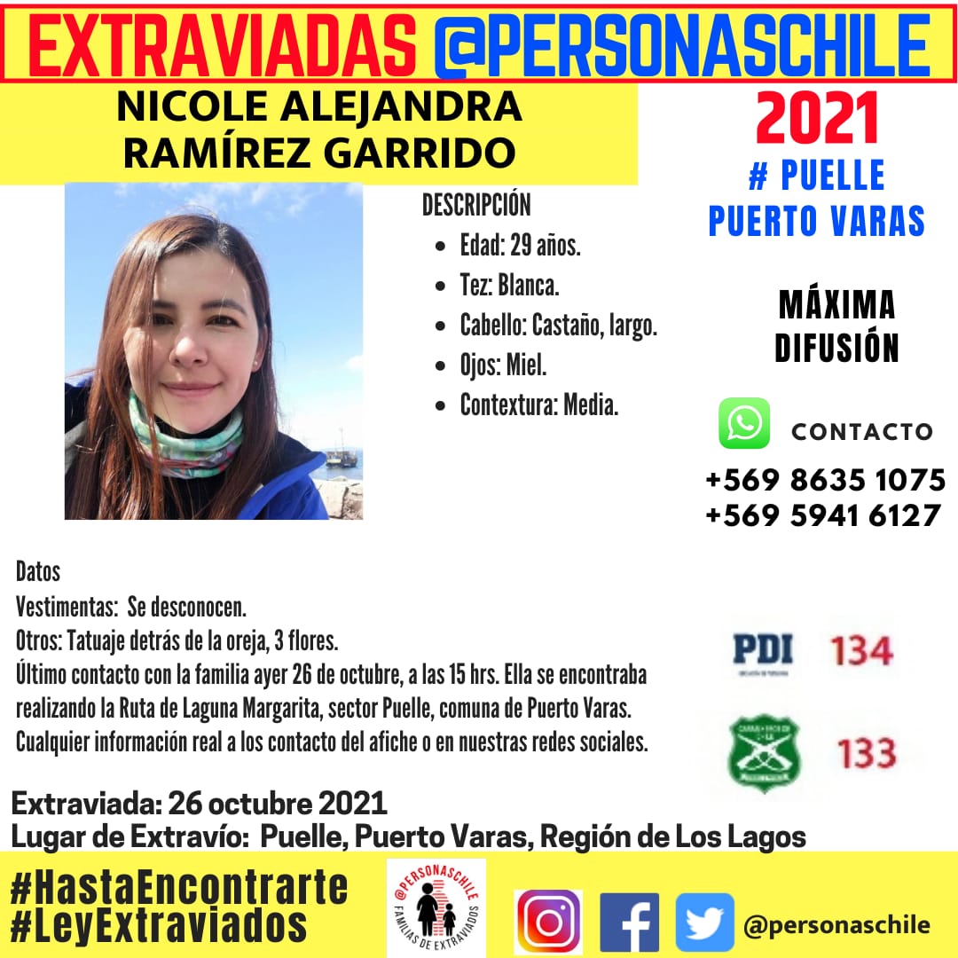 #PUERTO_VARAS Joven oriunda de Stgo se encontraría desaparecida en el sector de #Peulla, Nicole Ramírez que viajó desde la capital en sus vacaciones y ver a su novio y dónde realizó un viaje  a Peulla. la familia indica que la PDI ya  trabajaría en ello.<a href="/Personaschile/">Personas Extraviadas 🇨🇱#LeyExtraviados</a>