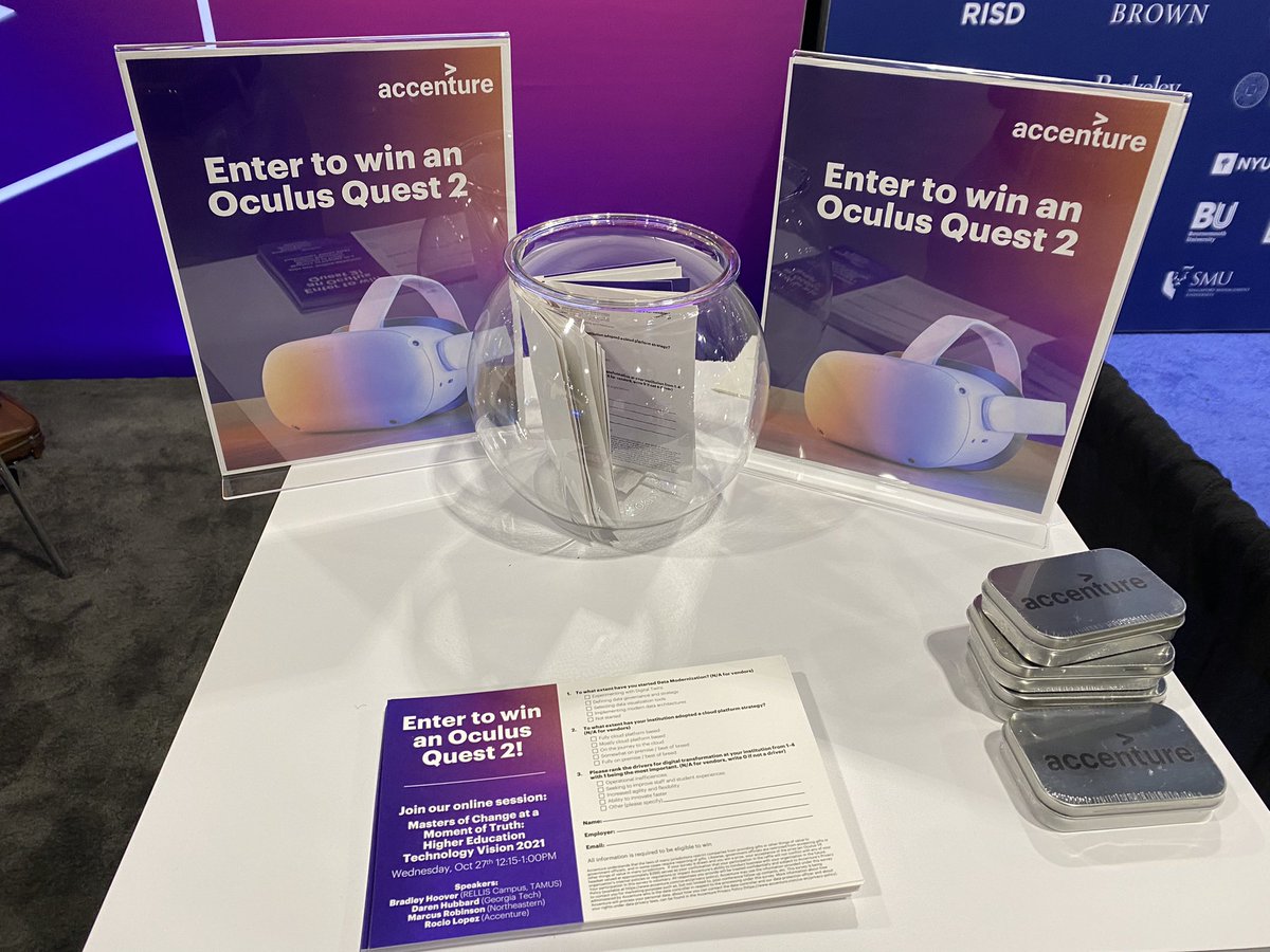 JoshSandstrom's tweet photo. Stop on by the Accenture booth @educause        and enter to win a Oculus Quest 2!  #Accenture #highereducation #Philly https://t.co/RiETF1AetD