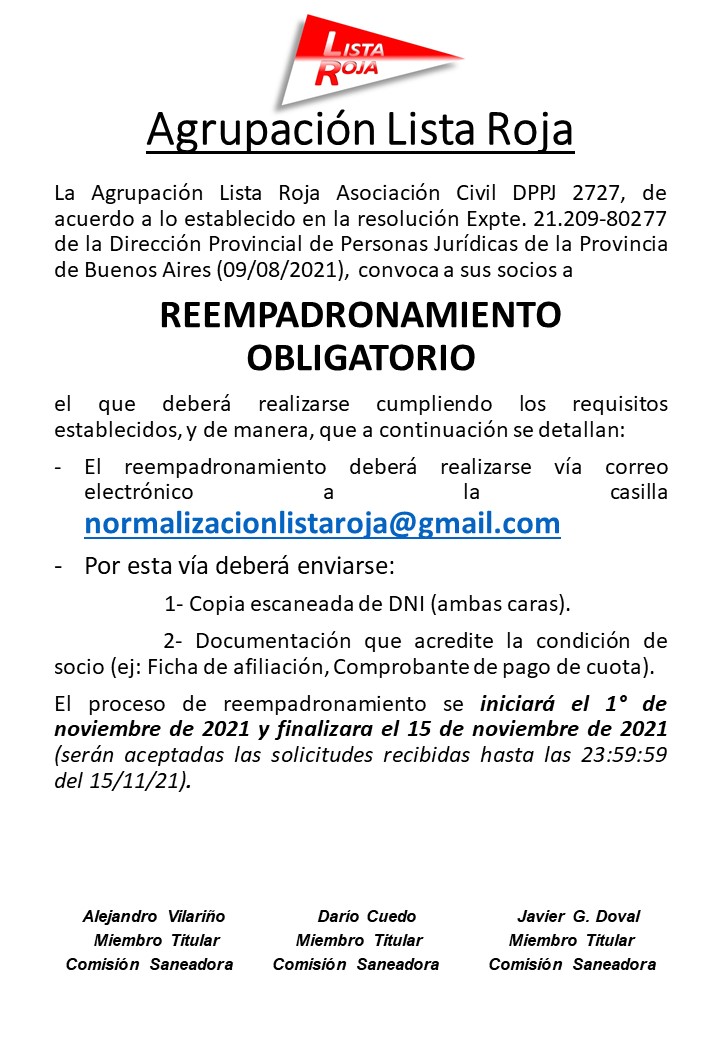 listaroja's tweet photo. Llamado a los socios de la agrupación para el reempadronamiento virtual https://t.co/ayjOJvYGSR