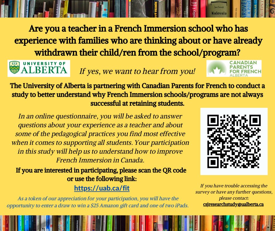 Enseignants en immersion française, participez à cette étude de l'Université de l'Alberta et de @CPFAlberta. Tous les détails ici  ⬇️