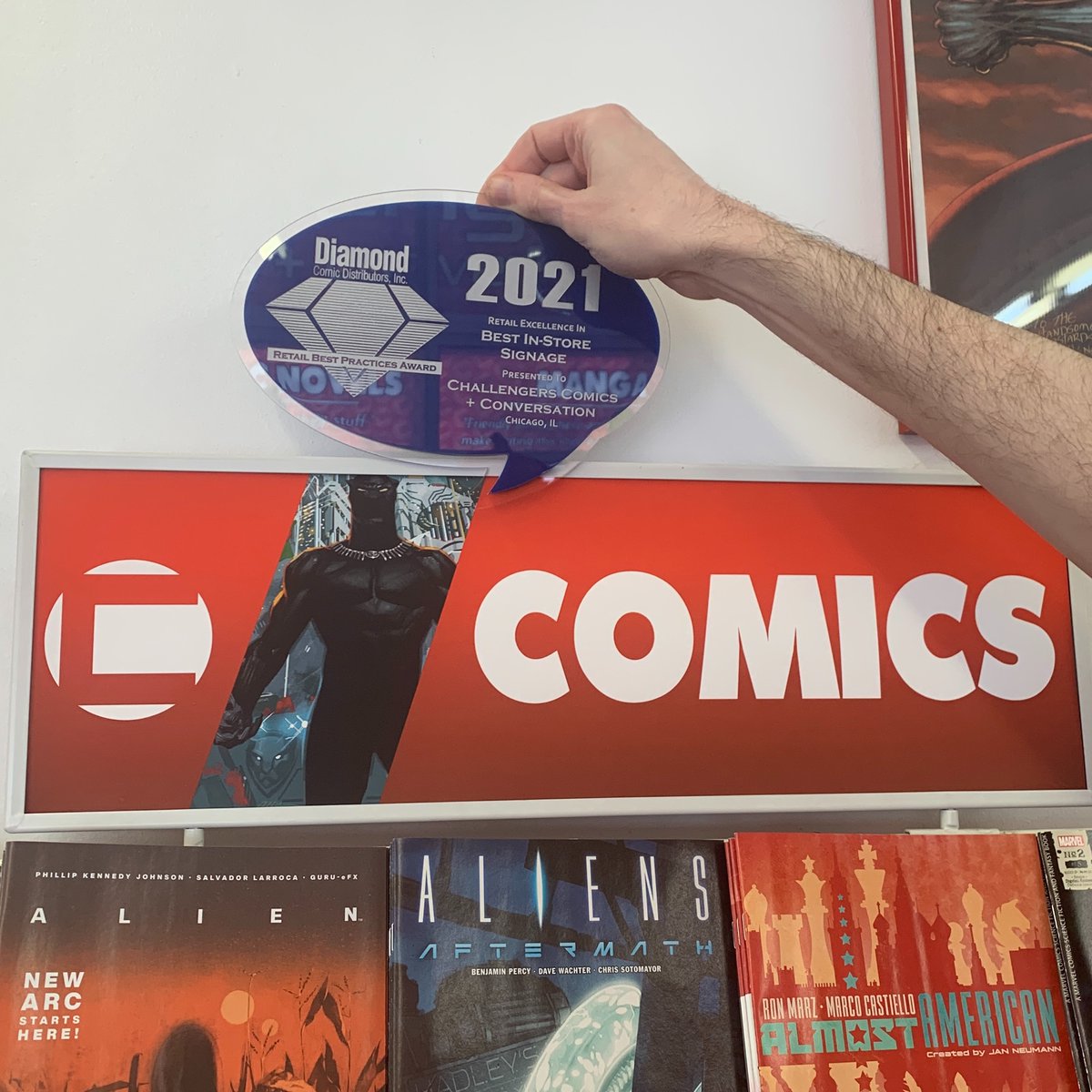 Challengers's tweet photo. Thank you to all the retailers who voted for us for the Diamond Retail Best Practices Award for Best In-Store Signage!
#diamondcomicdistributors #bpas #diamondbpas #bestinstoresignage #shoplocal #keepreadingcomics #challengerscomics https://t.co/u7ctvcdpGy