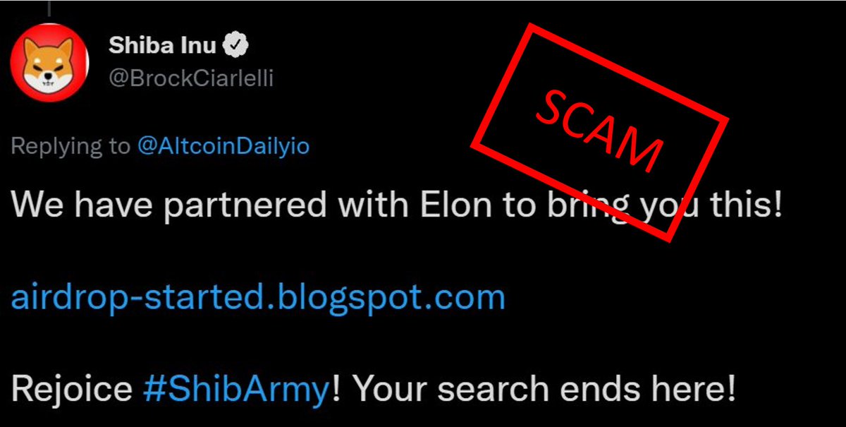Sometimes you can even find <a href="/verified/">Verified</a>  accounts trying to scam people. These might be hacked accounts, or just a scammer that bought a verified one. Anyway, you should know by now: any promises of "wallet validation" or "shiba bonuses" are ALWAYS scams.
Be careful #ShibArmy