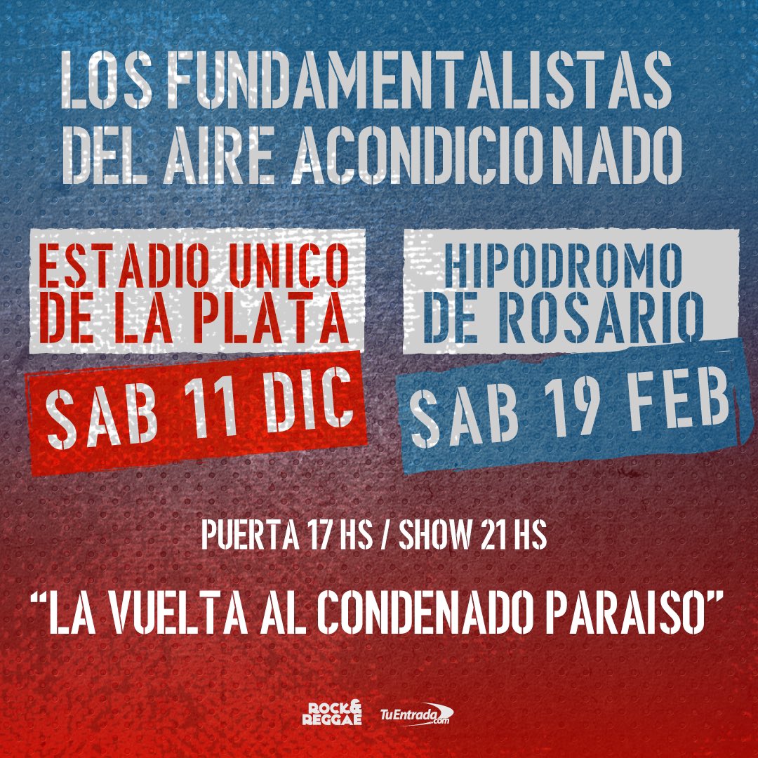 Seré heraldo de buenas noticias:
Los Fundamentalistas están muy felices de anunciar la vuelta a los escenarios.

El 11 de diciembre estarán presentándose en el Estadio Único de La Plata y el 19 de febrero en el Hipódromo de Rosario.
