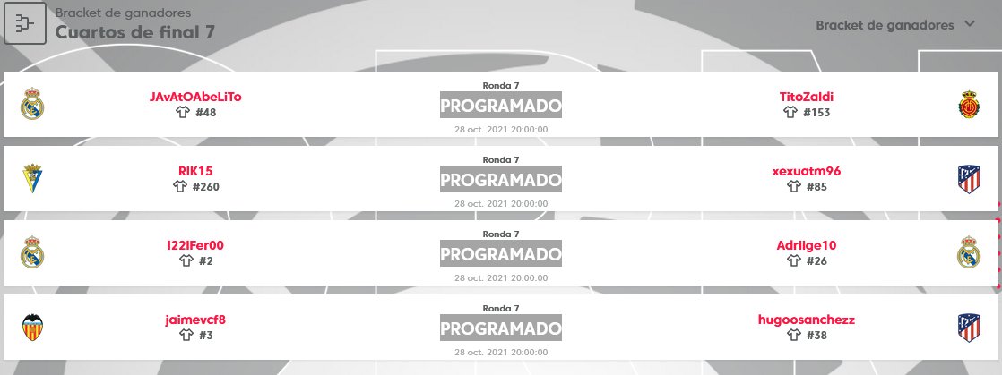 🚨| CUARTOS DE DRAFT

Mañana se disputarán los cuartos de final del segundo draft de la @esportslaliga y aquí os dejamos los emparejamientos. 

Tenemos caras nuevas y caras que se repiten👀

¿Tenéis algún favorito?🤔

¡Suerte a todos!🍀