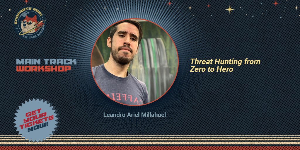 ekoparty's tweet photo. ✨WORKSHOPS #Eko2021✨

📑Threat Hunting From Zero to Hero
by @Amillahuel

Chequeá los pre-requisitos en nuestra web 👉 https://t.co/jddN7pCgeC https://t.co/01Tafq8vww