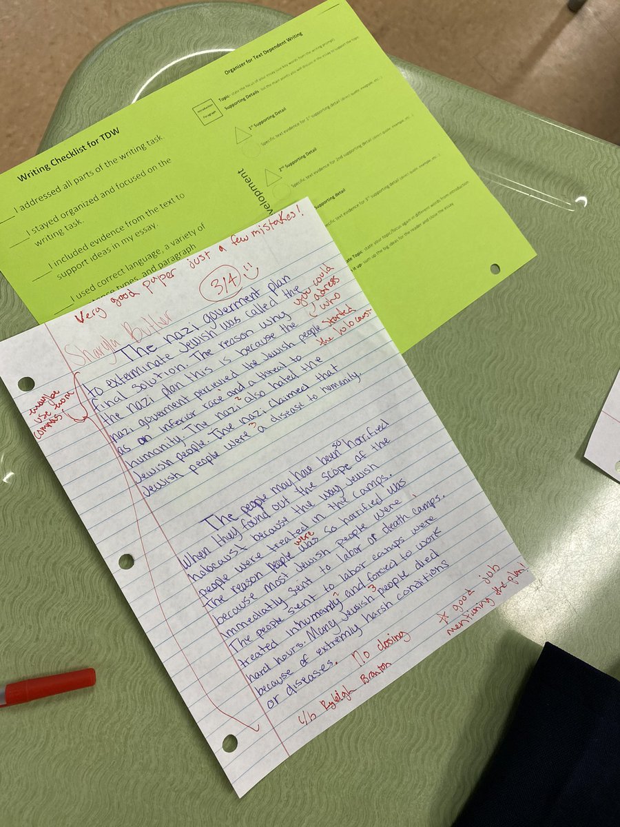 BEEingTheLight's tweet photo. Text dependent writing mini lesson day 2! Students used the writer’s checklist, organizer &amp; rubric to critique each other’s papers (anonymously) then used those critiques to rewrite and enhance their papers! #FULLengagement #valueinwriting #WeSlayELA @PhillipsPrepIB @KevinBalius https://t.co/L4pNJLgMjZ