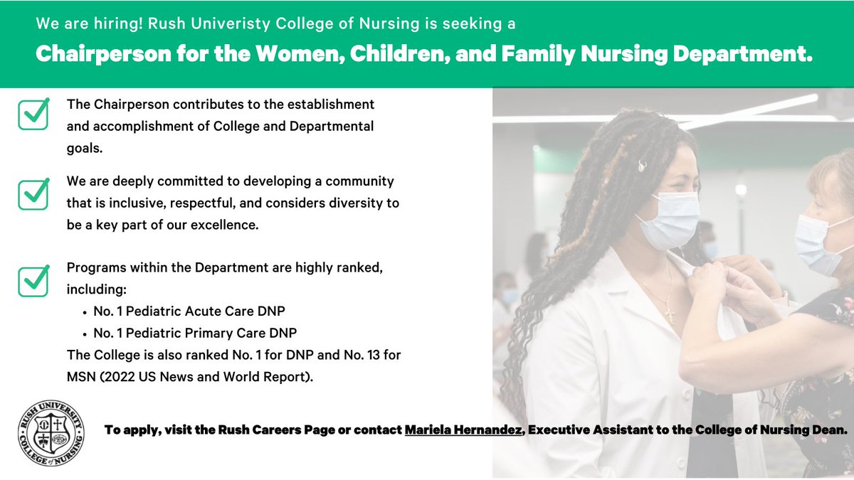 We're hiring. We're seeking Chairs for the departments of Adult Health &amp; Gerontological Nursing, and Women, Children and Family Nursing. This is an exciting opportunity for innovative, highly qualified leaders to bring unique and diverse perspectives to the College.