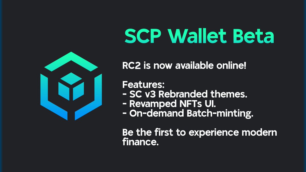 🔥 SCP Wallet RC2 is now LIVE! 🔥

Download the latest Release Candidate in the SCP Discord:
discord.gg/CCntqCS9zS

⚡ Instant #NFTs for nearly zero fees.

With a SC v3-style rebrand: v1.1.6 is primed to be one of the most sleek, modern, zippy &amp; easy #DeFi wallets yet. 🛰️