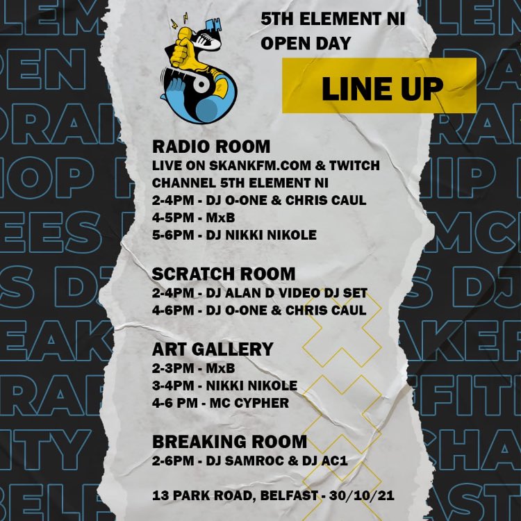 Wonder line up for the 5th Element Fundraiser / Open Day this Saturday from 2-6pm. Come join us and help raise some funds whilst enjoying a day of Hip Hop culture!