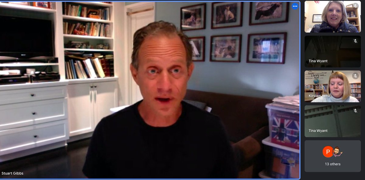KatherineRNowak's tweet photo. Enjoying our virtual author visit with Stuart Gibbs today as he discusses his books, inspiration for story ideas, and the writing process! #EaglesRead #EaglesWrite #EaglesRISE #SpySchoolSeries #FunJungleSeries https://t.co/b5iN3hOLb4