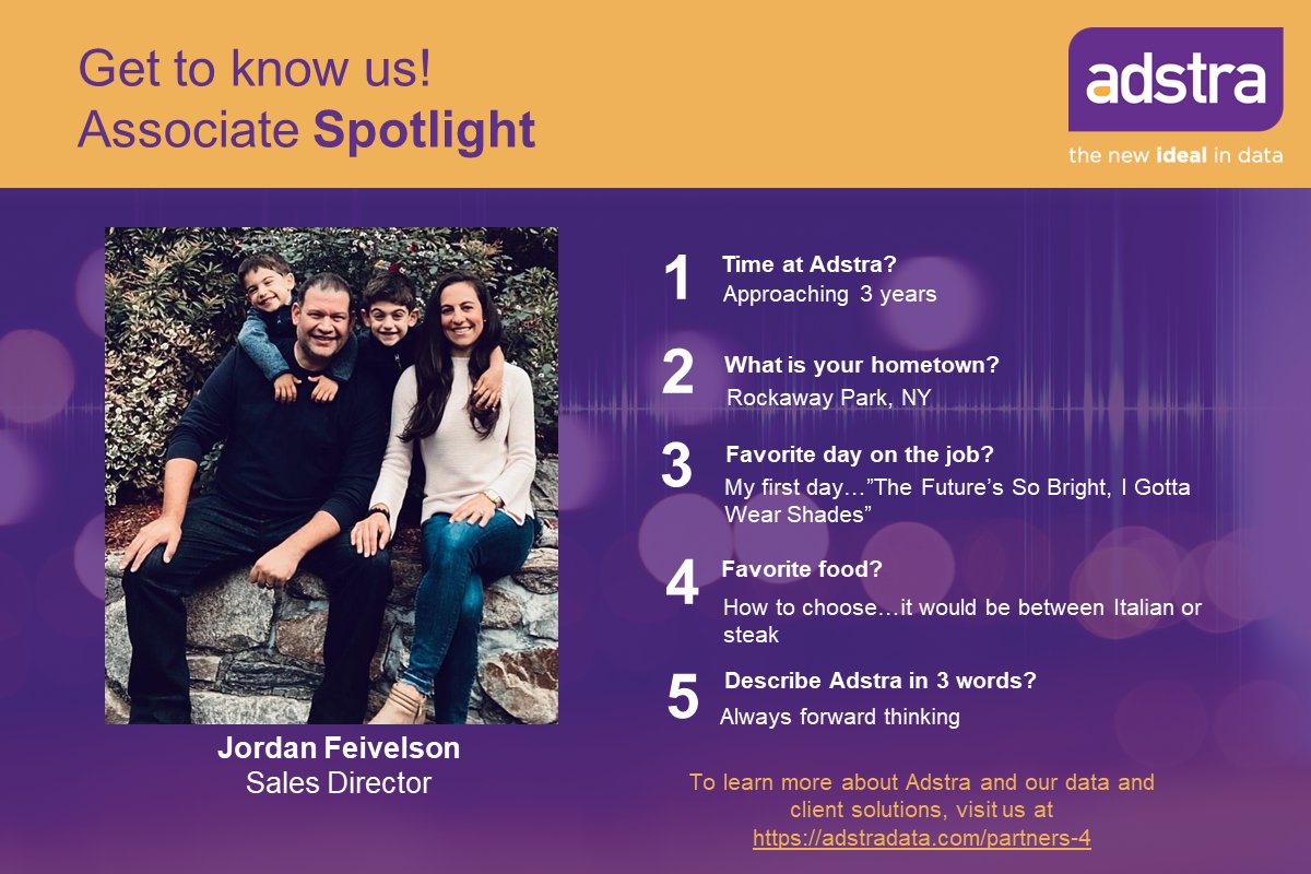 adstradata's tweet photo. Get to know us better with our Associate Spotlight! Our current installment features Jordan Feivelson, a Platform Partnerships Sales Director here at Adstra. To learn more about Jordan, Adstra and our data &amp; client solutions, click here: https://t.co/rZAH7Wu6NN #adstra #data https://t.co/imnzbeBENr