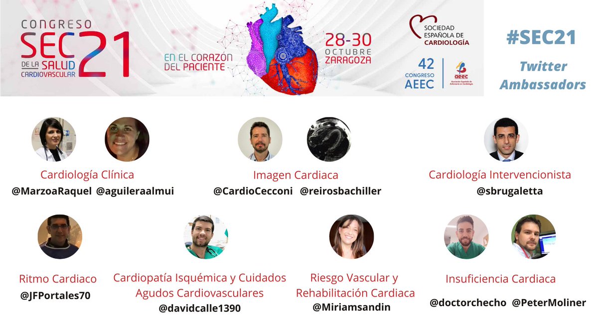 Soc Esp Cardiología (@secardiologia) on Twitter photo Durante el Congreso #SEC21 #AEEC21 no dejes de seguir a los Twitter Ambassadors 👩💻🧑💻del evento:
<a href="/MarzoaRaquel/">Raquel Marzoa</a>, <a href="/aguileraalmu/">Almudena</a>, <a href="/CardioCecconi/">Alberto Cecconi</a>, <a href="/reirosbachiller/">Rocio Eiros Bachiller</a>, <a href="/sbrugaletta/">Salvatore Brugaletta</a>, <a href="/JFPortales70/">JPortales</a>, <a href="/davidcalle1390/">David González Calle</a>, @Miriamsandin, <a href="/doctorchecho/">Alberto Esteban</a>, @peterMoliner Durante el Congreso #SEC21 #AEEC21 no dejes de seguir a los Twitter Ambassadors 👩💻🧑💻del evento:
<a href="/MarzoaRaquel/">Raquel Marzoa</a>, <a href="/aguileraalmu/">Almudena</a>, <a href="/CardioCecconi/">Alberto Cecconi</a>, <a href="/reirosbachiller/">Rocio Eiros Bachiller</a>, <a href="/sbrugaletta/">Salvatore Brugaletta</a>, <a href="/JFPortales70/">JPortales</a>, <a href="/davidcalle1390/">David González Calle</a>, @Miriamsandin, <a href="/doctorchecho/">Alberto Esteban</a>, @peterMoliner