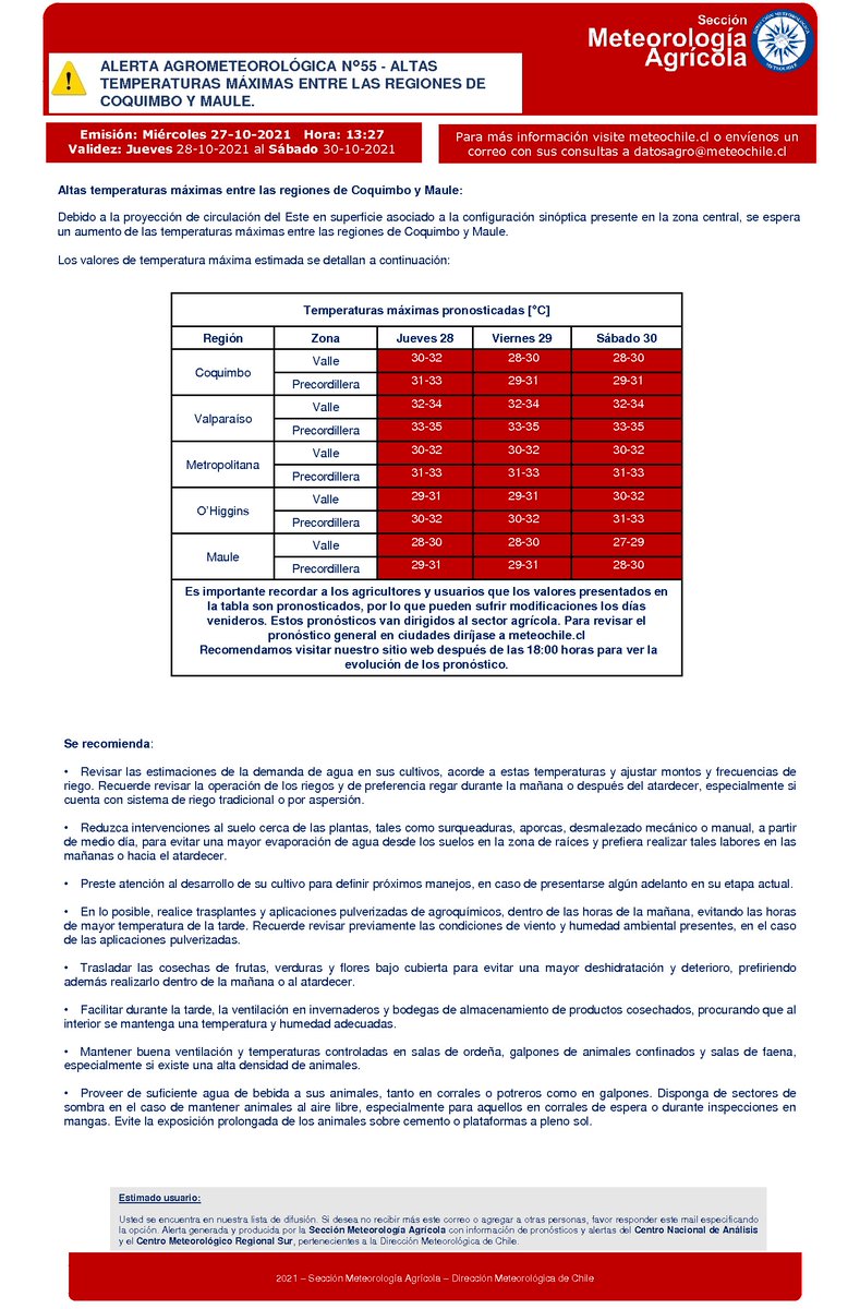 meteochile_dmc's tweet image. ALERTA AGROMETEOROLÓGICA: ALTAS TEMPERATURAS MÁXIMAS ENTRE LAS REGIONES DE COQUIMBO Y MAULE