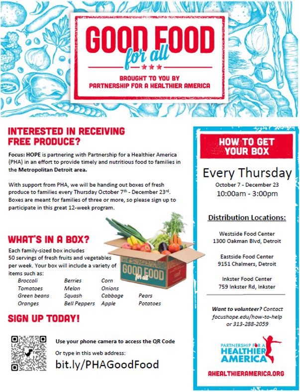 DetroitFamilies's tweet photo. Good Food For All! Free Produce Box
Every Thursday from now until December!  
Multiple Locations! 
@Focus_HOPE @FoodforAllapp @detroitfoodmap https://t.co/3dQsJCUOdP
