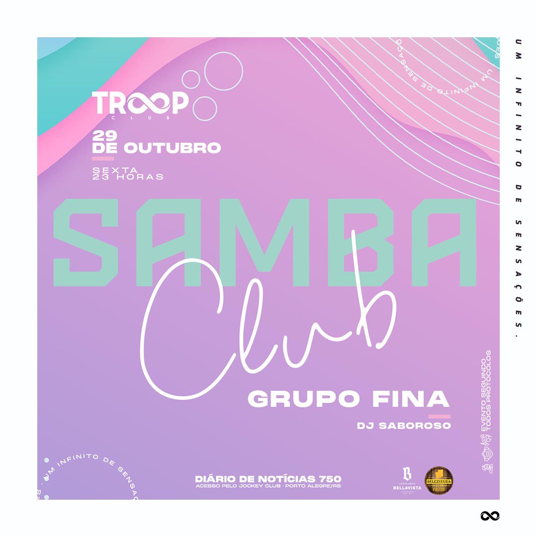 troopclubpoa's tweet photo. SEXTA é dia de #scsambaclub na Troop Club. 😍

Confira as atrações presentes nesta edição:
🎤 GRUPO FINA
🎧 DJ SABOROSO

#troopclub #uminfinitodesensações #sambaclub #ilovepagode #pagodinhodatroop #descubra #vempratroop

Reserve já o seu espaço : (51) 3085-0525. https://t.co/L7l95JXsMR