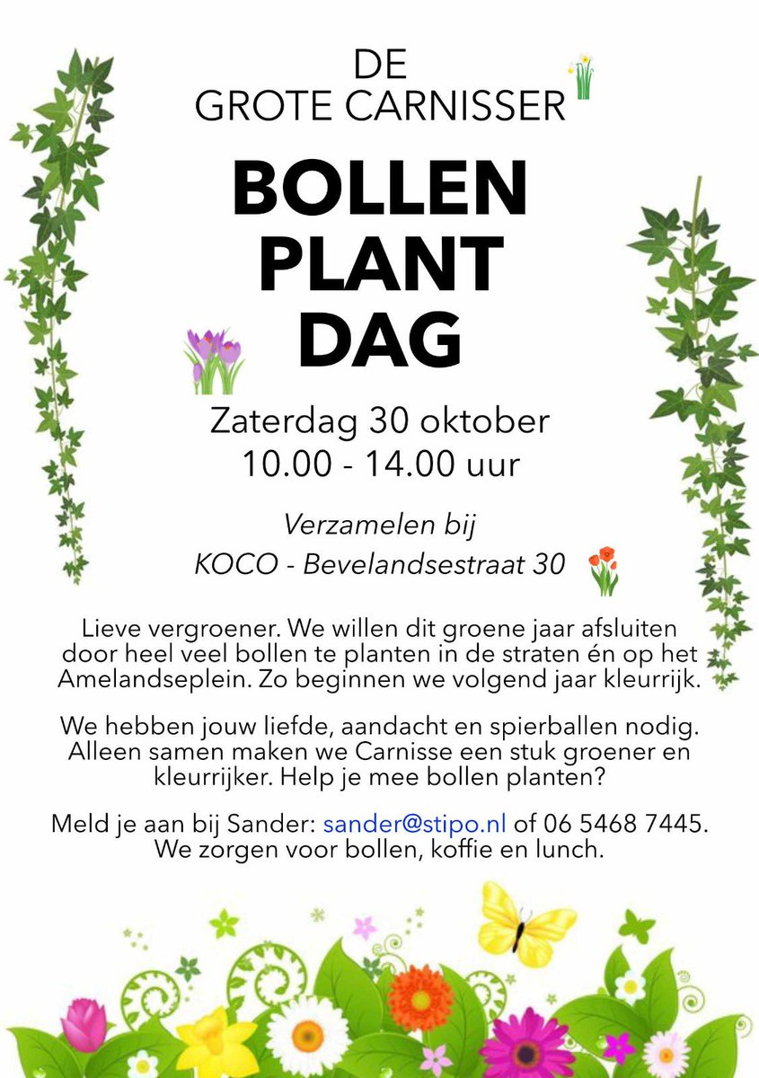 Ben jij een Carnisser Bollenplanter??? Duizenden tegels gelicht en vele meters geveltuin aangelegd. Als laatste groene offensief gaan we 25.000!!! bollen poten. Kom je zaterdag 30 oktober helpen?