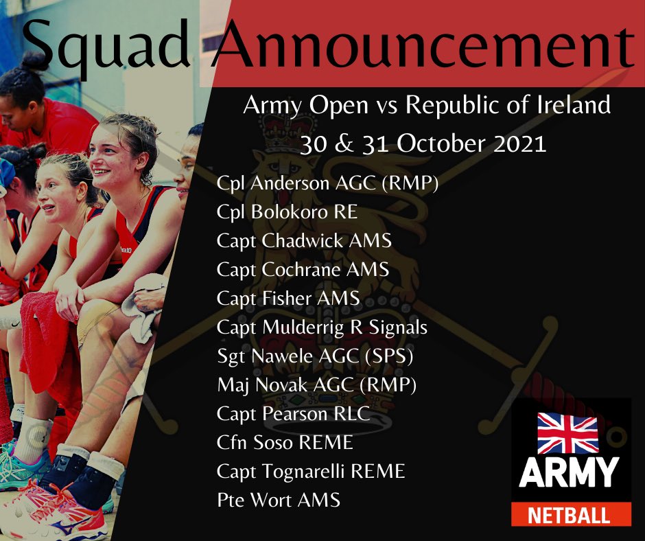army_netball's tweet photo. ✨Team announcement✨
Army Open vs @NetballIreland this weekend! Well done to all selected for the first match of the season.
@ArmySportASCB @ForcesNews @ArmySportsLTRY @ArmySportsLTRY
#ArmyNetball #Netball #OpenSquad https://t.co/Ivgtu5ArM3