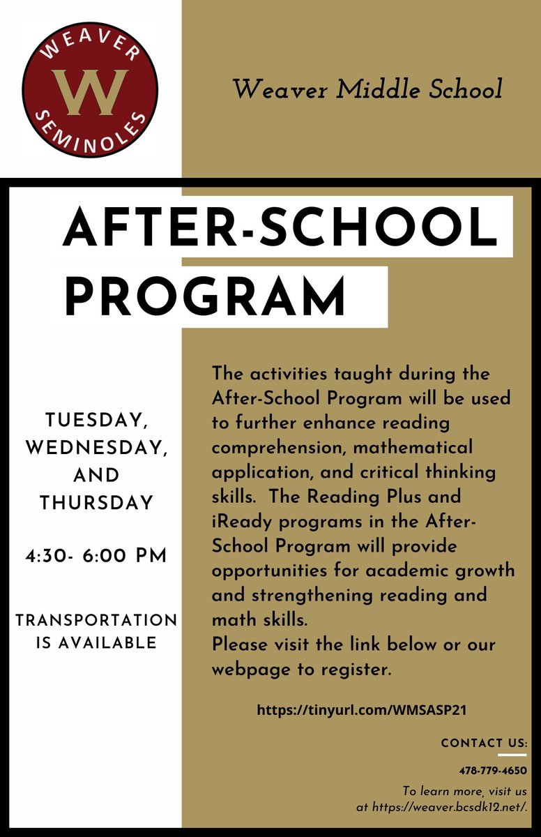 WeaverMiddle's tweet photo. We are excited to announce that our After-School program will begin soon.  Transportation will be provided. For more information and to register your child to participate please click the link below.
https://t.co/S2xYRfkwdK

#WeaverStrong #BeGreater https://t.co/IFRDbToz2H