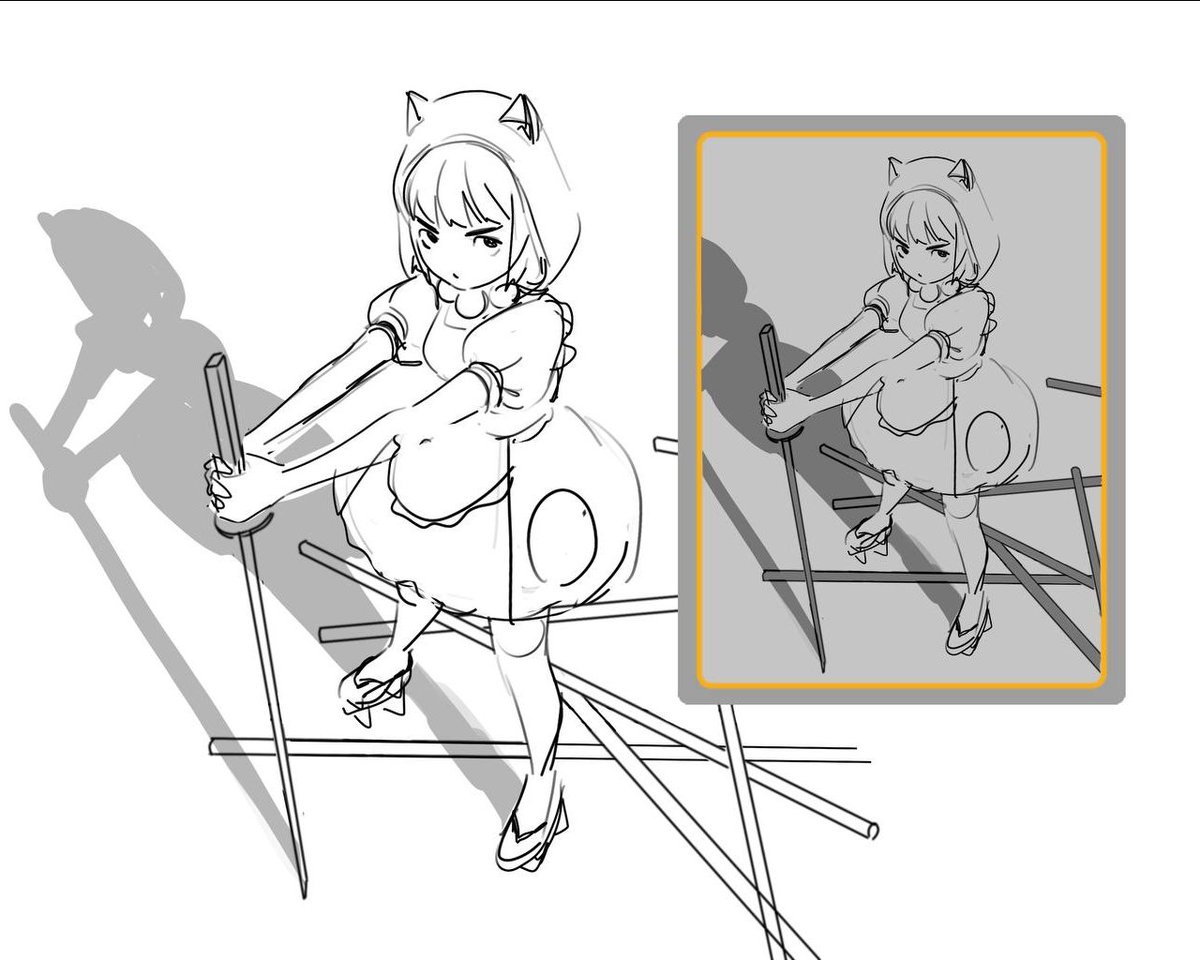 Thanks everyone for helping choose a pose! 🌸 I ended up going with number 8 and placing the weapons on the floor.

Still a bit off in terms of anatomy and perspective but I'll keep working on it! 