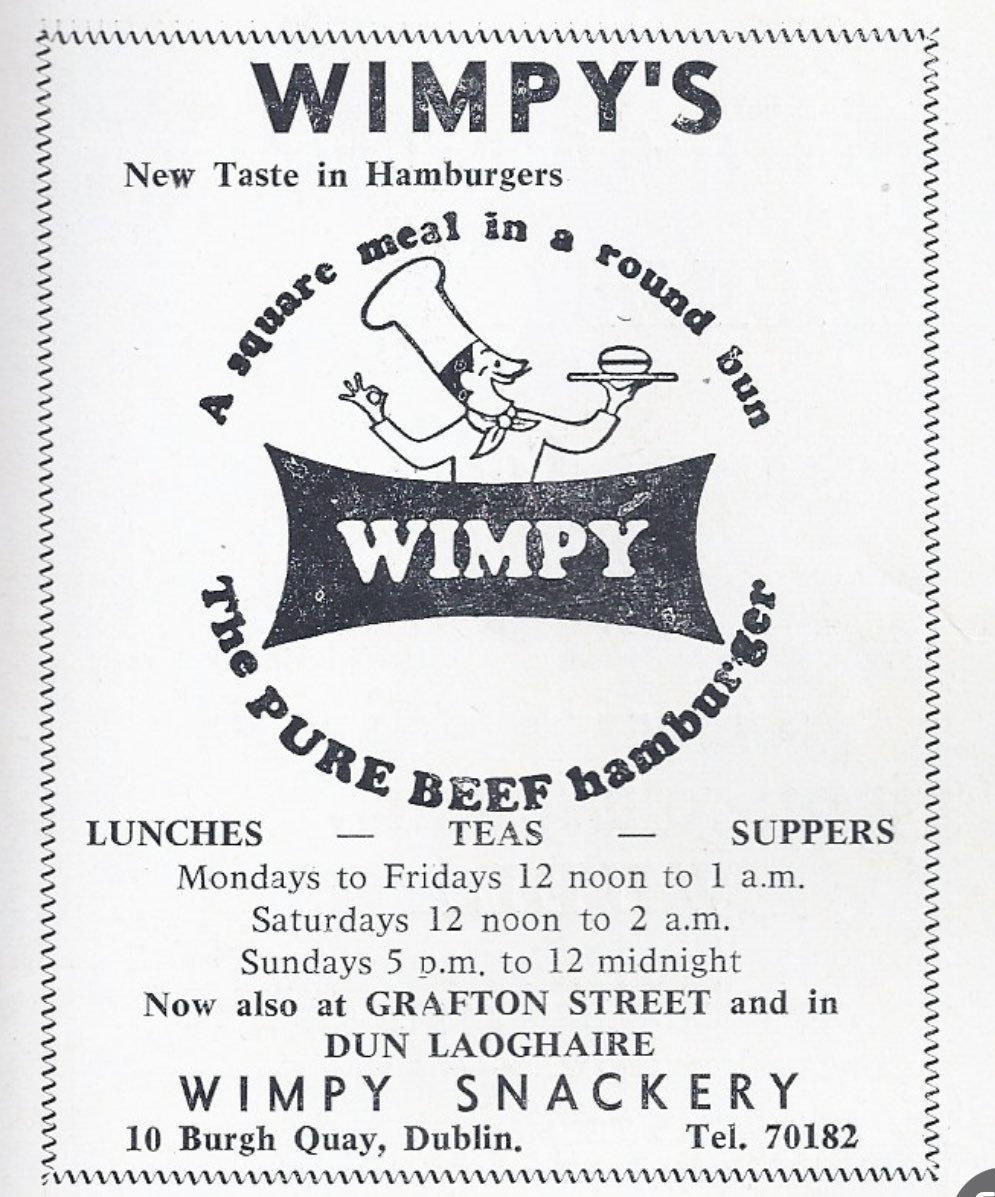 's tweet image. Long before the Tiger hit Dublin, there was Captain America and Wimpys on Grafton St as your taste of America. Before McD, Centra, BurgerKing, Dunkin, etc. You had your burger, and then strolled down to actually buy music at HMV and Tower records. #Wimpys #OldDublin
