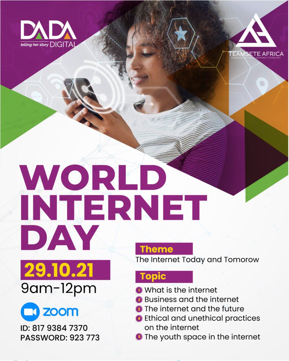 DadaDigitalNews's tweet photo. Hi guys. Hope you have been well.
Did you know there is an International Internet day?
Join us as we dive into what the internet has brought with it; the pros and cons and issues surrounding it. 

Don’t forget to sign up on the link 👇 https://t.co/ADwoTfVM8W https://t.co/bScZRSzLhn