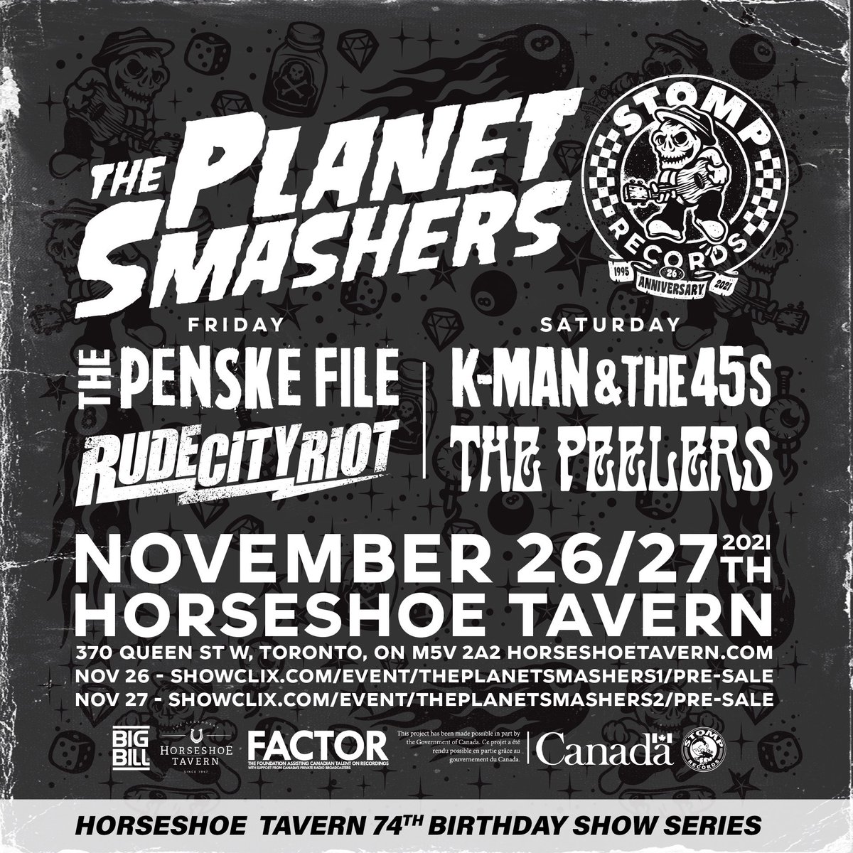 Toronto!! @Planet_Smashers are bringing the mega party for two nights at @HorseshoeTavern on Nov 26th and 27th! With special guests The Penske File, Rude City Riot, K-Man & The 45s and The Peelers Official! Tix on sake now! bit.ly/3En8Hw4 #theplanetsmashers