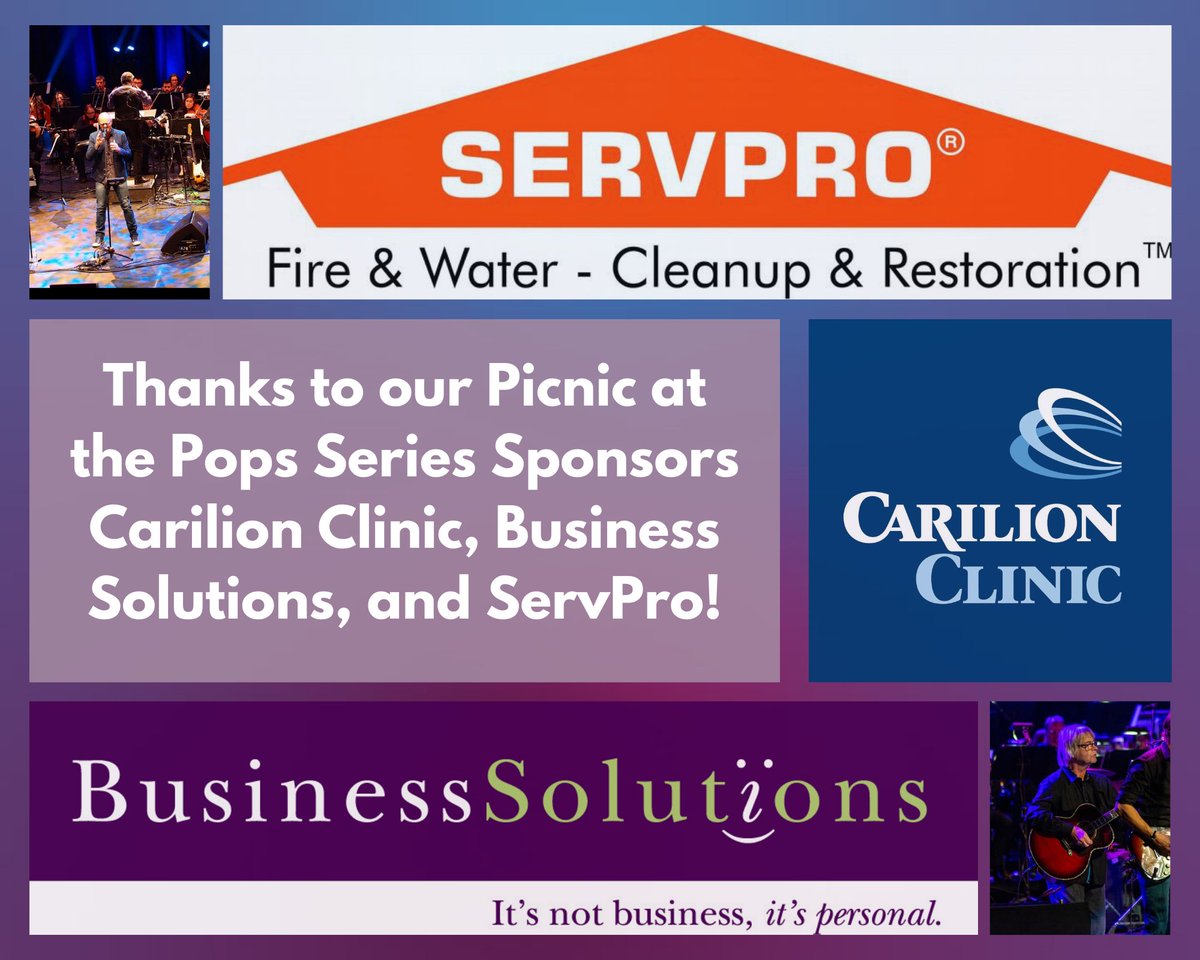 Many thanks to our Picnic at the Pops Series Sponsors <a href="/CarilionClinic/">Carilion Clinic</a>, Business Solutions Inc., and <a href="/SERVPRORMP/">SERVPRO of Roanoke, Montgomery & Pulaski Co.</a>!