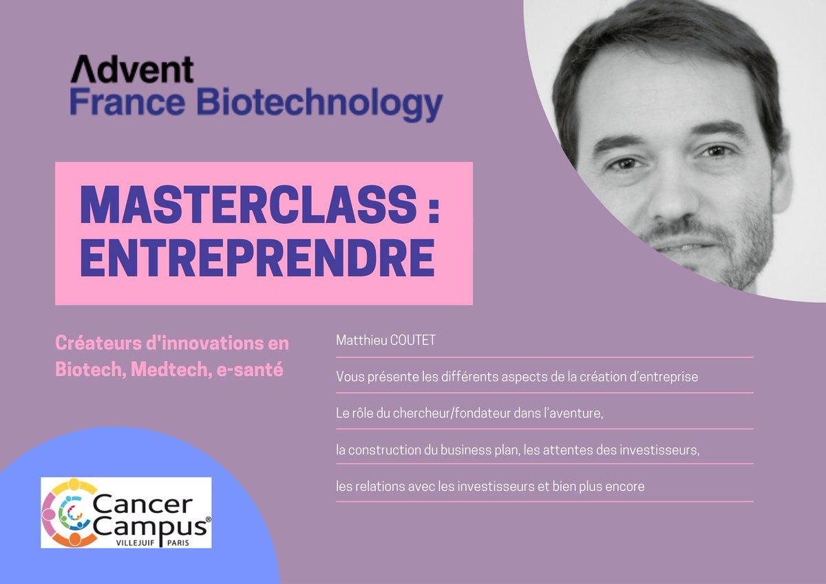 **SAVE THE DATE**
Le 2 décembre 2021, de 10h à 12h, master class sur l'entrepreneuriat avec Matthieu COUTET d'@AdventFrance pour les chercheurs, cliniciens et porteurs de projets biotech, medtech, e-santé.
Inscription via ce lien : docs.google.com/forms/d/e/1FAI…