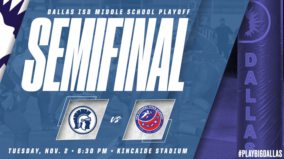 Dallas ISD Athletics (@dallasathletics) on Twitter photo The T.W. Browne Trojans will face the Ann Richards Rangers Tuesday at 6:30 p.m. in the first game of two middle school football playoff games at Kincaide Stadium. Tickets available on GoFan.co.
<a href="/BrowneTrojansTW/">TWB Trojans</a> <a href="/ARSADallas/">Ann Richards STEAM</a> <a href="/dallasschools/">Dallas ISD</a> The T.W. Browne Trojans will face the Ann Richards Rangers Tuesday at 6:30 p.m. in the first game of two middle school football playoff games at Kincaide Stadium. Tickets available on GoFan.co.
<a href="/BrowneTrojansTW/">TWB Trojans</a> <a href="/ARSADallas/">Ann Richards STEAM</a> <a href="/dallasschools/">Dallas ISD</a>