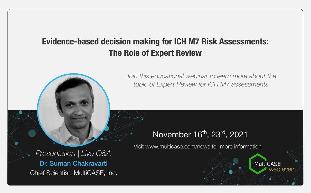 MultiCASEInc's tweet photo. Webinar: Evidence-based decision making for ICH M7 Risk Assessments: The Role of Expert Review
Learn how the MultiCASE Konsolidator tool augments the expert review process to reach an informed decision during ICH M7 classification.
https://t.co/fyhdvG0r48 https://t.co/yoY00pwenN