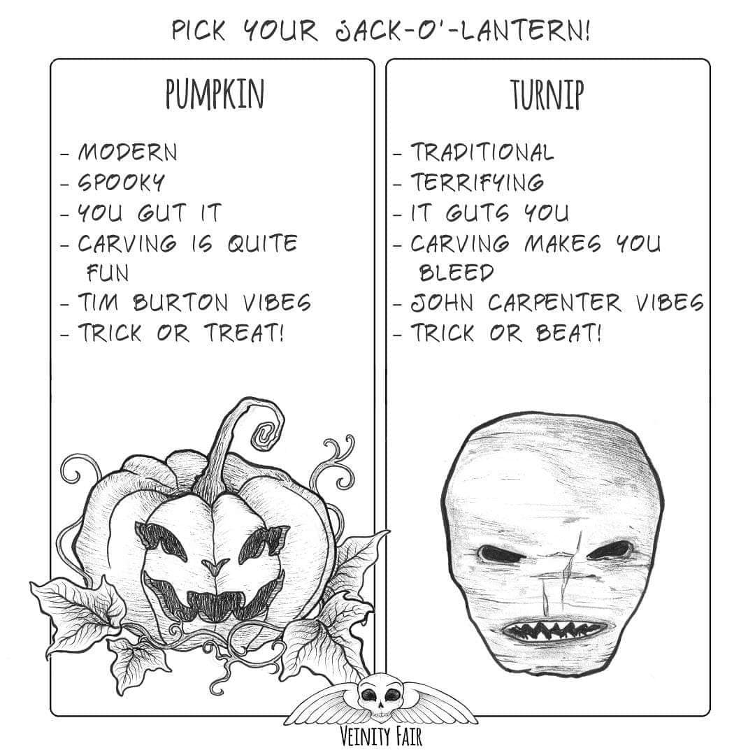 VeinityFair's tweet photo. Just a reminder that before jack-o’-lanterns started to be associated with pumpkins, they were traditionally made out of potatoes, turnips, and beets! I know some of you have been keeping this tradition alive&amp; I'd love to see your turnip creations! #halloween2021 #halloweenturnip https://t.co/8uWyxmzDIg
