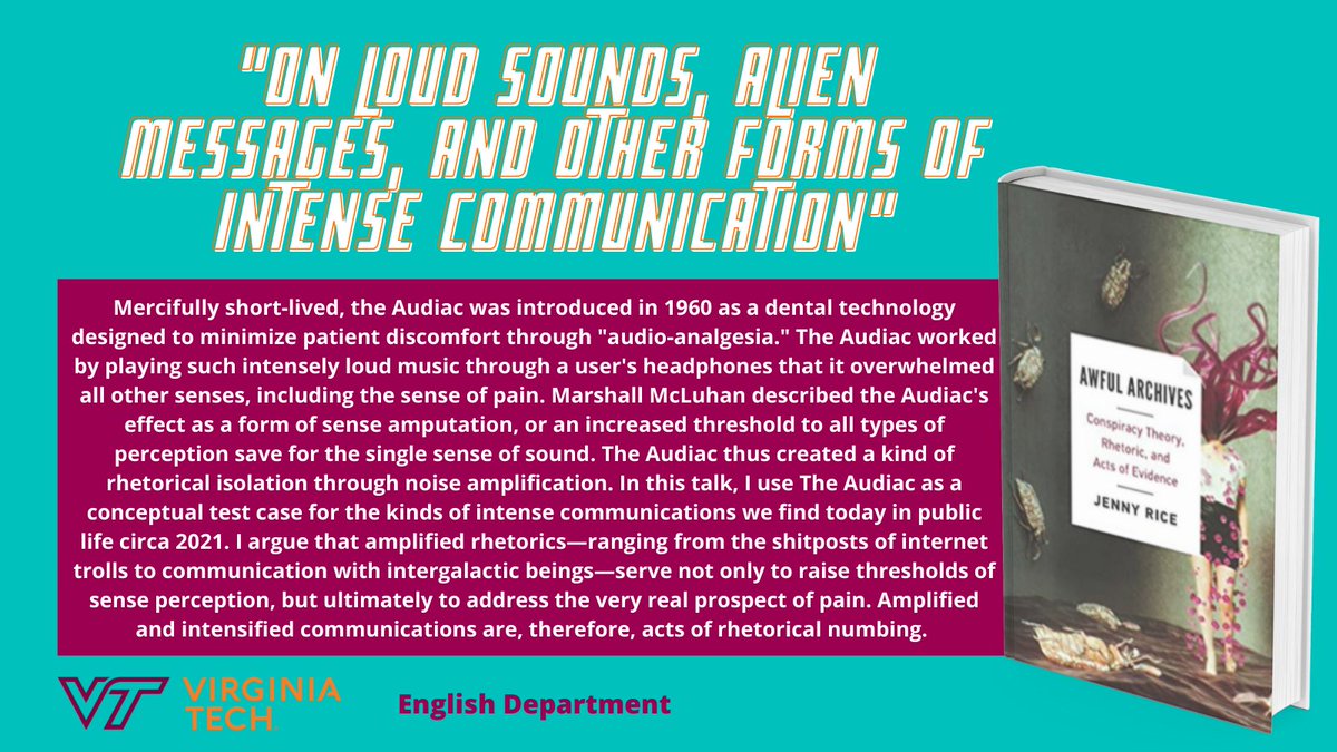 We're looking forward to @jennyrice giving a talk on Friday! Faculty and students have been hosting "Awful Archives" book groups in anticipation for Dr. Rice's talk "On Loud Sounds". Join us in Shanks Hall at 12:15 this Friday 🙌 #archives #AcademicTwitter