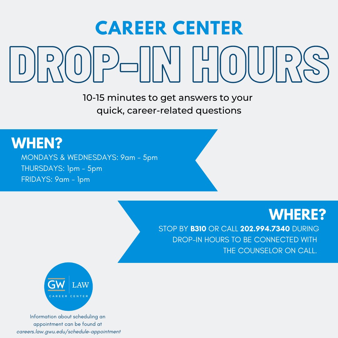 Did you know that the Career Center offers drop-in counseling hours? Drop-ins are short 10-15 minute meetings with career counselors where you can get answers to your quick, career-related questions!