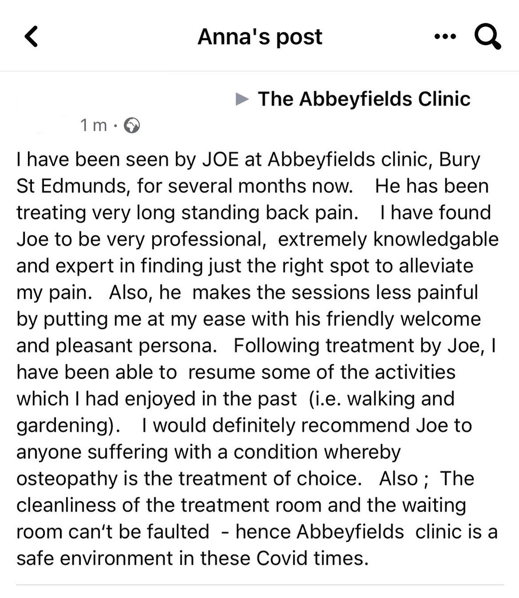⭐️⭐️⭐️⭐️⭐️

Received this lovely review on our Facebook page today. Always nice to hear our patients are getting back to activities pain free &amp; feel comfortable in our clinic during these strange times we live in. 

#osteopathy #patientreveiw #backpain #backpainrelief #Suffolk