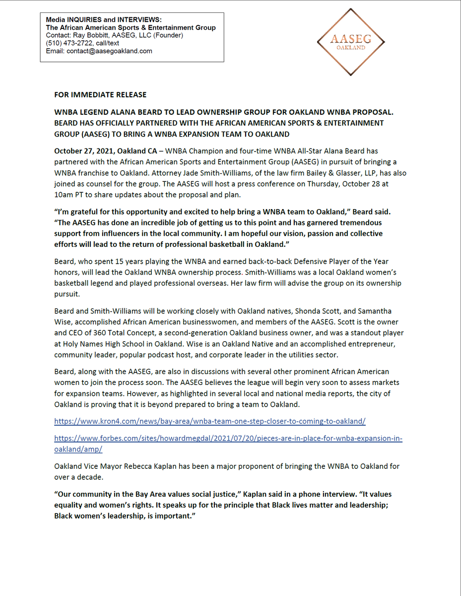 AASEGOakland's tweet photo. FOR IMMEDIATE RELEASE:

WNBA Legend Alana Beard @Alanabeard20 to lead ownership group for Oakland WNBA proposal. Beard has officially partnered with the AASEG to bring a WNBA expansion team to Oakland!

Virtual Zoom Press Conference tomorrow at 10am PT
https://t.co/PL1pyGufCi https://t.co/fcAmGnC6EH