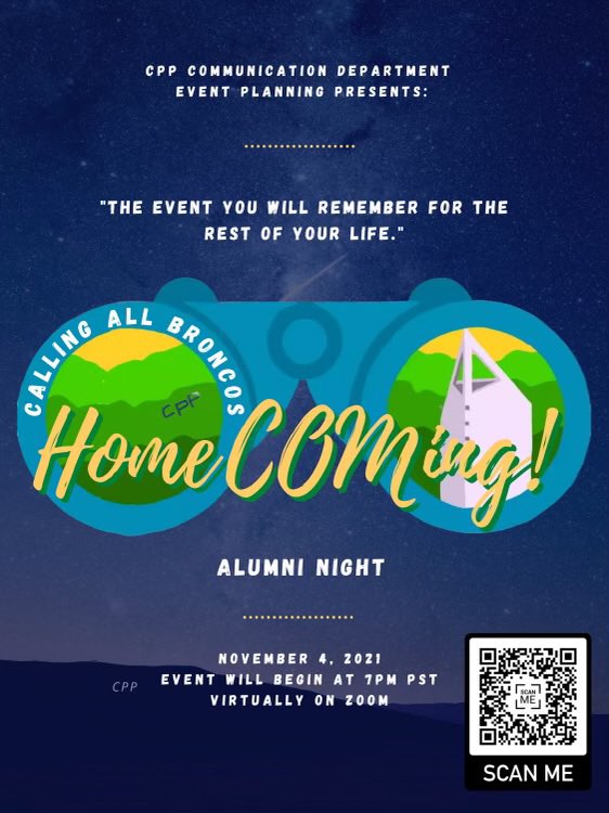 cppeventsplan's tweet image. “We are almost one week away from our HomeCOMing Alumni Night! Our event will start at 7pm virtually on zoom. We hope you are COMing!! #cppalumni #cppalumnievent #calpolypomona #homeCOMing #cpp #cppgrad #alumni #wearecpp
