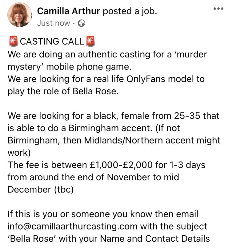 🎬CASTING CALL🎬                        We are looking for a real OnlyFans model to act in a ‘murder mystery’ mobile phone game, see information below:  #casting