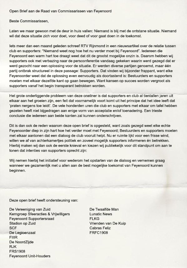 Wij zijn van mening: Het kan zo niet langer. Dus hierbij een Open Brief aan de RVC van Feyenoord. We vragen aan iedereen die Feyenoord een warm hart toe draagt de navolgende brief te ondersteunen en te delen!