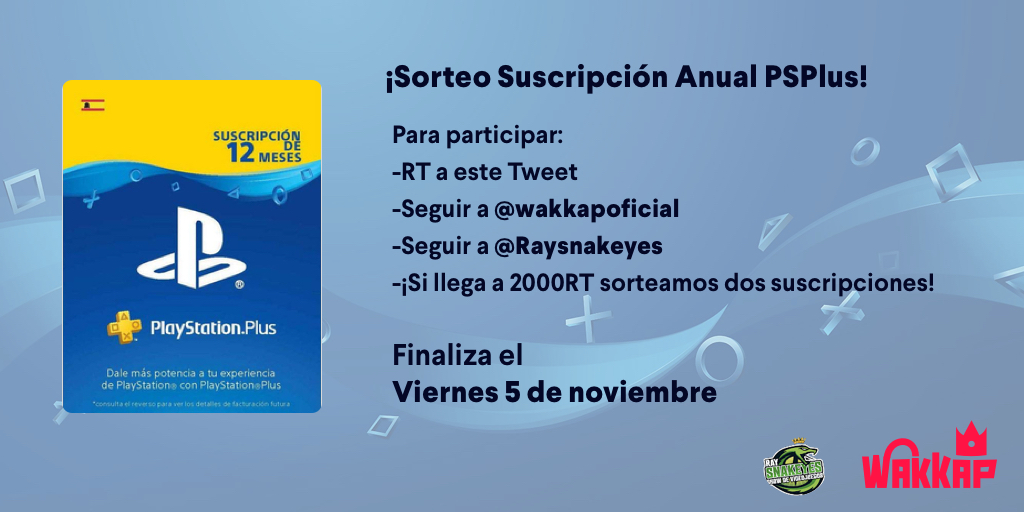⭐️¡SUPER #SORTEO!⭐️

Consigue una suscripción PS PLUS de 12 meses GRATIS. PERO.... Si llegamos a 2.000🔁Se sortean 2 SUSCRIPCIONES.

Para participar:

🔁Dar RT a este tweet.
➡️Seguir a <a href="/wakkapoficial/">Wakkap</a> &amp; <a href="/Raysnakeyes/">Ray Snakeyes</a>

😋¡Mucha suerte!😋Se conocerá al ganador/a el día 5 de Noviembre