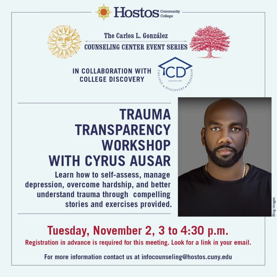 RP:@hostoscounseling
Because trauma and depression are real...

Join us for a student focused workshop with the amazing <a href="/cyrusausar/">Cyrus Ausar | Burnout Recovery & Clarity</a> hosted by @hostoscounseling at <a href="/hostoscollege/">Hostos College</a>

TUES. NOV 2ND at 3 pm

Workshop will be hosted on ZOOM must register in advance.