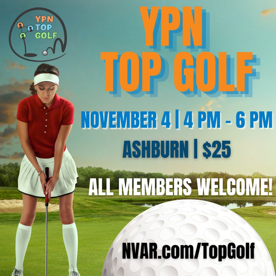 On November 4 from 4 PM – 6 PM, join the NVAR YPN for a fun networking event at Top Golf Loudon. No matter your skill level, you will have a great time playing, eating food and mingling with friends and colleagues. 
Register now bit.ly/3jK3fey