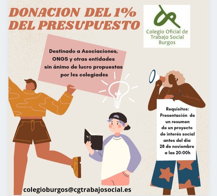 Como venimos haciendo otros años, el Colegio donará  el 1% de los ingresos del presupuesto del año 2021 a alguna entidad, asociación  sin ánimo de lucro que las/os colegiadas/os propongáis. #ColegioOficialTrabajoSocialBurgos #TrabajoSocialenValor #TrabajoSocial #Burgos